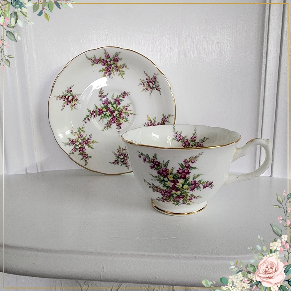 Vintage Hammersley Purple Heather Bone China Teacup and Saucer Set